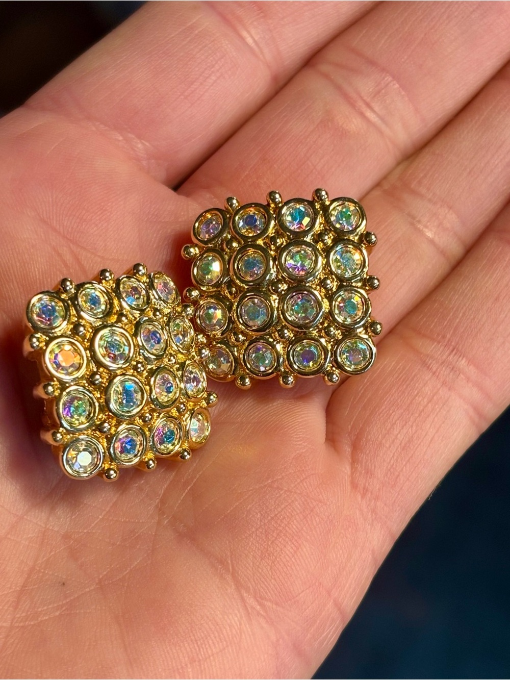 Swarovski Swan Signed Vintage AB Rhinestone Gold Tone Cluster Clip On Earrings - Picture 6 of 9